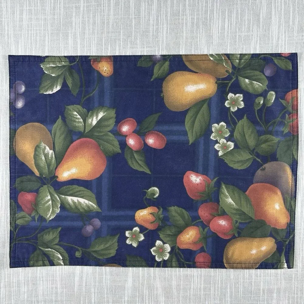 Vintage Handmade Placemats Set Of 4 Cranston Fruit Fabric Handmade MCM Blue